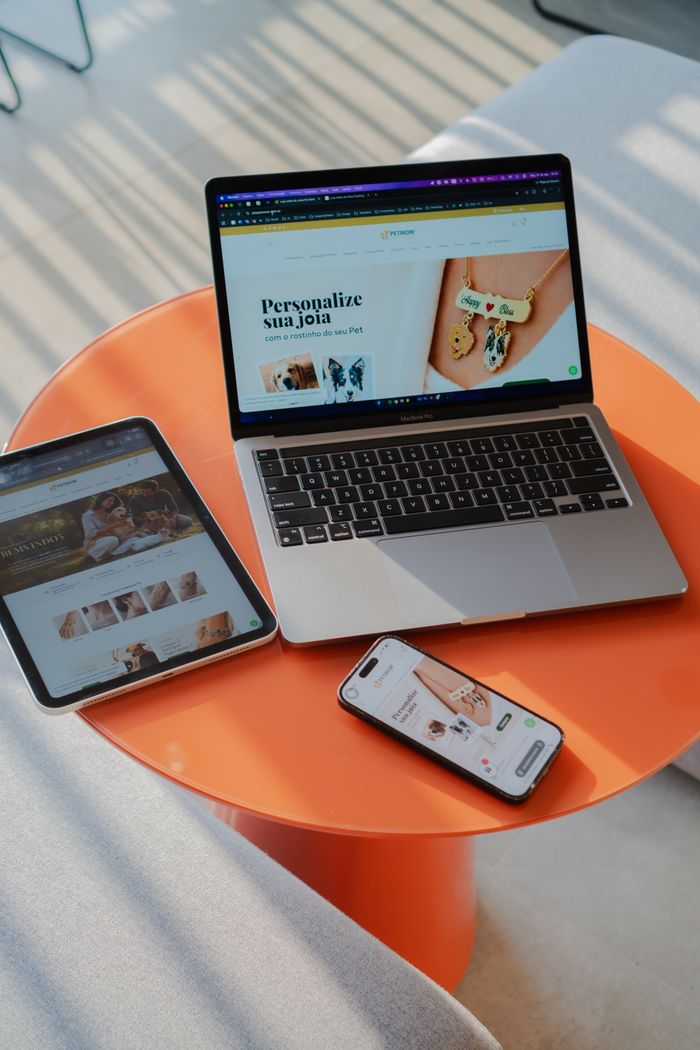 Services A laptop, tablet, and smartphone displaying websites on an orange table.